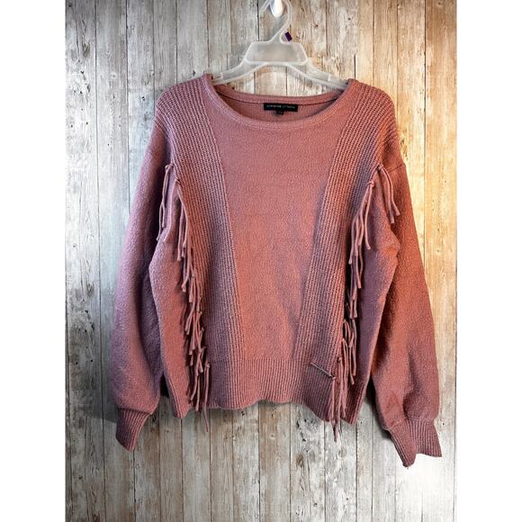 Adrienne Vittadini Pullover Sweater Womens L Dusty Pink Fringed‎ Ribbed Knit - Picture 2 of 12